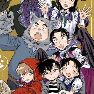 some anime characters are posing for a group photo with their hands up in the air Detective Conan Halloween Conan All Characters, Detective Conan Group, Detective Conan Cast, peru