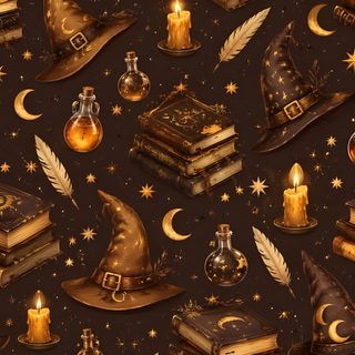 the wizard's hat is surrounded by books, candles and other items on a black background Halloween Witch For Bedroom Dark Hippie, Herb Jar, Candles Dark, Renter Friendly, Vinyl Paper, black