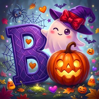 the letter b is surrounded by pumpkins and other halloween decorations, including a ghost Halloween Name dim gray