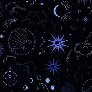 the sun, moon and stars are all drawn in blue on a black background with white outlines Hand Drawn Halloween Constellation Navy Fabric, black