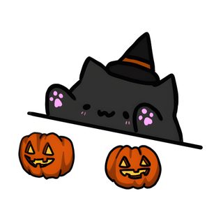 a black cat wearing a witches hat and two jack - o'- lantern pumpkins Kawaii Halloween Gif Kawaii Kawaii Happy Halloween Cute Gif, Spooky Cat Gif, Happy Halloween Gif Cute, white