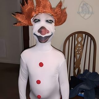 a man in a clown costume standing next to a chair Goofy Ahh Halloween Whatsapp Hd, Images Hello Kitty, Hello Kitty Images, Image Swag, Goofy Pictures, gray