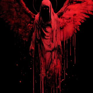 an angel with red paint dripping down on it's face and wings in front of a black background Halloween Angel black