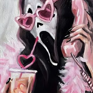 a painting of a woman in pink holding a cell phone to her ear and drinking from a cup Pink Halloween Ghostface Cute Scream Painting, Scary Movie Rosado, Pink Ghostface Aesthetic, rosy brown
