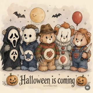 a group of teddy bears dressed up in halloween costumes and holding pumpkins, with the words halloween is coming above them Teddy Bear Halloween Halloween Aesthetic Vintage, Cute Halloween Aesthetic, Scary Halloween Drawings, wheat