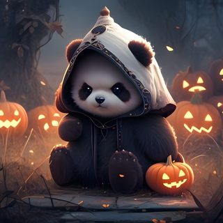 a panda bear dressed in a hoodie sitting next to pumpkins Halloween Panda Cute Halloween Panda, Panda Halloween Background, Cute Halloween Panda Drawing, dark slate gray