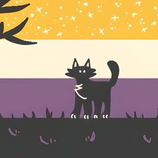 a cat standing in the grass under a tree at night with stars and moon behind it Nonbinary Halloween Nonbinary Halloween, Nonbinary Flag Aesthetic, Lgbtq Background Laptop, sienna