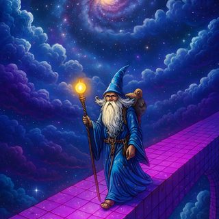 a painting of an old wizard walking across a bridge Merlin Wizard Halloween Rainbow Purple Dream Wizard, Time Wizard, Merlin Wizard Halloween Rainbow Purple, midnight blue