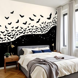 a bed room with a neatly made bed and lots of bats on the wall Halloween Bat For Bedroom Creepy Animals, Pvc Wall, Spooky Designs, Accent, Black And White Abstract, silver