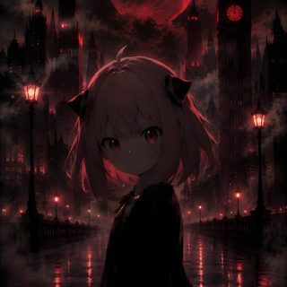 an anime character standing in front of a city at night with the moon behind her Anime Halloween Aesthetic black