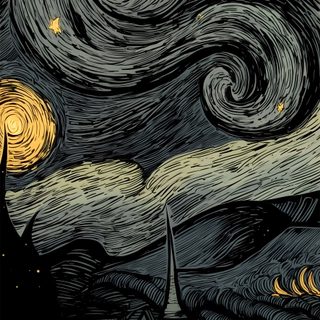 an image of a ghost in the middle of a field with stars and clouds above it Halloween Ghost For Walls Cartoon, Dark, Pretty Backgrounds, Arte Van Gogh, Abstract Art, Artistic, black