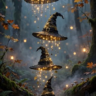three witches hats hanging from strings in the woods with fairy lights strung around them and surrounded by leaves Halloween Witch For Bedroom dark slate gray