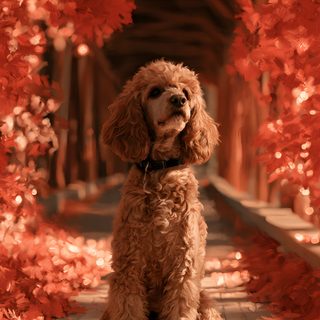 a brown dog sitting on top of a wooden floor next to trees with red leaves Halloween Poodle saddle brown