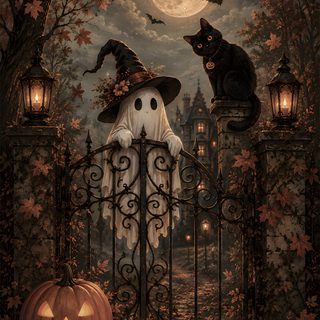 two cats sitting on top of a gate next to pumpkins and jack - o'- lanterns Elegant Halloween black