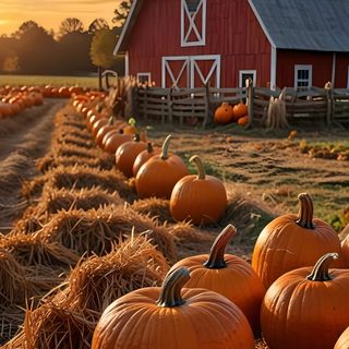 many pumpkins are on the ground in front of a red barn and hay bales Halloween Farm Pumpkin Farm, Autumn Magic, Autumn Scenes, Fall Feels, Autumn Painting, saddle brown