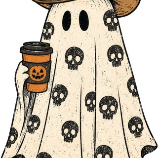 a drawing of a ghost holding a coffee cup with skulls on it's face Cowboy Ghost Halloween Halloween Hair, Brown Cowboy Hat, Halloween Cookies, Halloween Coffee, papaya whip