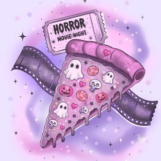 a slice of pizza with ghost faces on it and a sign that says horror movie night Halloween Pizza Cartoon lavender