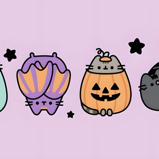 three cats with pumpkins and bats on their heads are lined up in a row Halloween Pusheen Happy Halloweenie Meme, Pusheen Happy Halloween, Halloween Pusheen, thistle