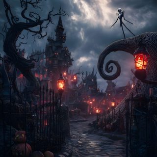 a halloween scene with pumpkins and jack - o'- lanternes in the background Halloween Town Gate Halloween City, dark slate gray