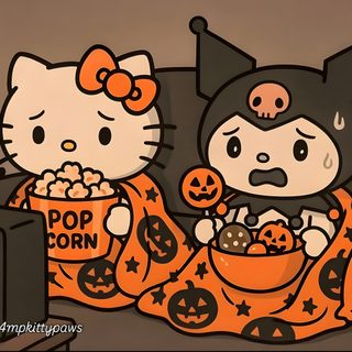 an image of hello kitty eating popcorn and watching the tv show pop corn with jack - o'- lanterns Hello Kitty Halloween Chromebook Cute, Hello Kitty, Kitty, Halloween, Design, dark olive green