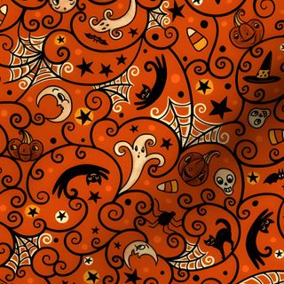 an orange halloween background with black and white pumpkins, bats, and witches on it Halloween Swirls Party Halloween Swirls, Halloween Texture, Festive Fall & Halloween Pattern, saddle brown
