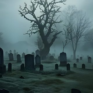 a graveyard with tombstones and trees in the fog Halloween Graveyard Graveyard With Tombstones, Haunted Cemetery, Haunting Cemetery Landscape, dark slate gray