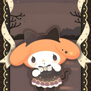 an animal with a bow on it's head is standing in front of a black background My Melody Halloween Cute Cartoon Character In Witch Costume, Black And Orange Theme Art, Cute Halloween Decoration Inspiration, dim gray