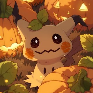 a cartoon cat surrounded by pumpkins with glowing eyes and leaves on it's head Pokemon Halloween Meowth Phone, Pumpkaboo Fanart, Cute Mimikyu Art, Mimikyu Fanart Cute, sienna