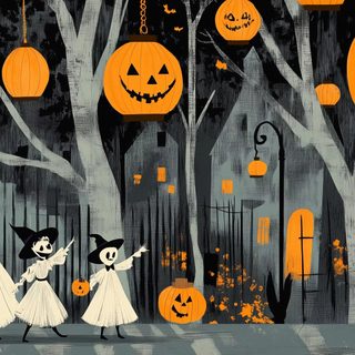 Retro Halloween wallpaper with vintage style trick or treaters wearing classic costumes like witches, ghosts, and skeletons, walking through a street lined with old fashioned lanterns, Retro style. Vintage Halloween Desktop Free Trick Or Treater, Halloween, Old Fashioned, Lanterns, Ghost, dark olive green