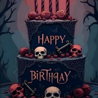 a birthday cake with candles and skulls on it Halloween Birthday Gothic Happy Birthday Skulls, Spooky Happy Birthday Images, Goth Birthday Memes, dark slate gray