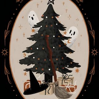 a decorated christmas tree with ghost on it Cute Halloween Christmas Cute Yule, Halloween Tablet, Spooky Winter Phone, Winter Witch Iphone, black