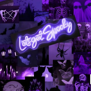 purple and black collage with the words ghost spooky written in neon lights Purple Edgy Aesthetic Halloween Gothic Purple Decor, Halloween Purple Aesthetic, Halloween Themed Room Inspiration, midnight blue