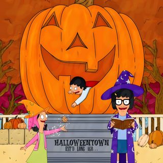 two children are standing in front of a pumpkin with a sign that says halloween town Bobs Burger Halloween Bobs Burgers Pumpkin, Bobs Burgers Jack O Lantern, Tina Belcher Pumpkin, dark goldenrod