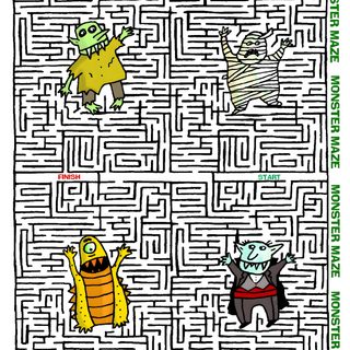 a maze game with animals and monsters in the center, which is filled with words Halloween Maze Otomi Embroidery Playmat Scary Maze, Halloween Maze, Halloween Worksheets, white