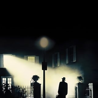 a man standing in front of a street light on a dark night with the sun shining down Exorcist Halloween The Exorcist Poster, The Exorcist Horror, The Exorcist Movie, Exorcist, black