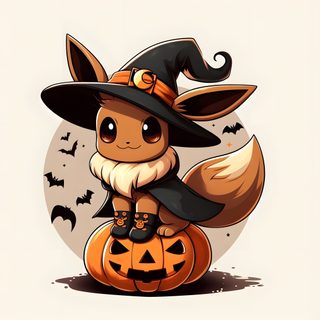 a cute little animal in a witches hat sitting on top of a pumpkin Cute Eevee Halloween linen