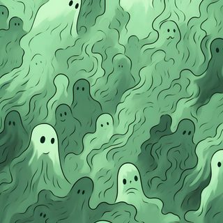 an abstract painting with green and black swirls on the bottom, while two white ghost faces appear to be floating in the air Cute Green Halloween Green Background Ghost Pattern, Ipad Halloween, Spooky Background,
