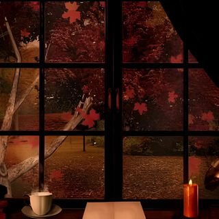 an open window in a room filled with fall leaves and pumpkins on the table Halloween Gif Pc Fall Through Window, Fall Scenery Through Window, Cozy Gif Background, Autumn Window, black