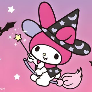 a cartoon character flying through the air with bats and stars on it's back My Melody Halloween My Melody Witch, My Melody Halloween Pfp, My Melody Halloween Icon, orchid
