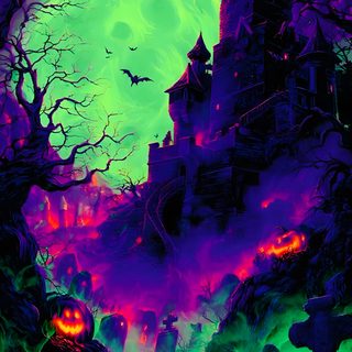 an image of a halloween scene with pumpkins in the foreground and a castle in the background Vaporwave Halloween Halloween Backgrounds, Halloween Artwork, Iphone Disney, Holiday Pictures, midnight blue