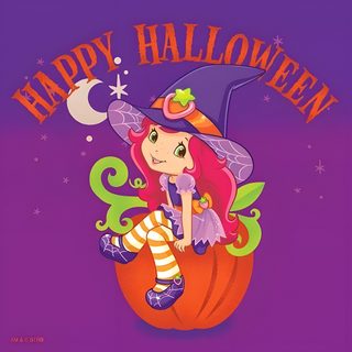 a cute little witch sitting on top of a pumpkin with the words happy halloween written above it Strawberry Shortcake Halloween Fall Strawberry Shortcake, Strawberry Shortcake Cartoon Happy Birthday, Halloween Strawberry Shortcake Png, dark magenta