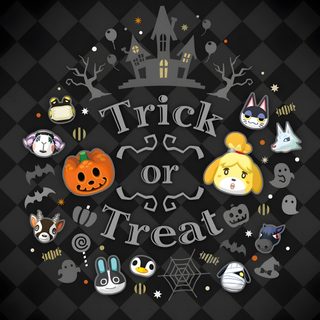 the trick or treat logo is surrounded by halloween decorations and pumpkins on a black checkered background Acnh Halloween Nintendo Halloween, Animal Crossing Fan Art, Animal Crossing Fall Phone, black