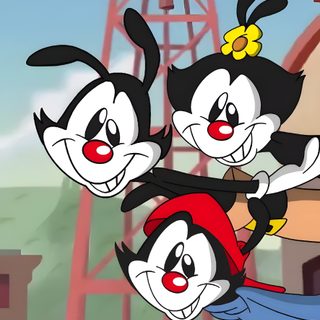 cartoon characters flying in the air near a building with a water tower in the background Halloween Animaniacs Yakko Warner, Animaniacs Background, Animaniacs Tower, dark sea green