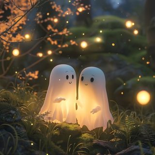 two white ghost figurines sitting on top of a moss covered field next to a pond Halloween Couple Iphone Good Night Ghost, Halloween Ghost Aesthetic, Halloween Aesthetic Ghost, dark slate gray