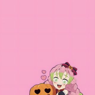 an anime character holding a pumpkin on a pink background Mitsuri Halloween light pink