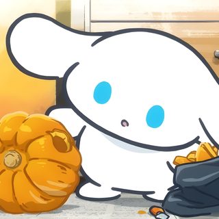 a cartoon character with a bag of gold coins in front of him and an orange pumpkin on the floor Cinnamoroll Halloween Gif Halloween Entertaining, Pumpkin Carving, Carving, Halloween, navajo white