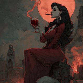 a woman sitting on top of a chair holding a glass of wine in front of a full moon Halloween Pinup Art Mistress, Red Witch Background, Wine Witch, Witches Art, Witch Woman Art, dark slate gray