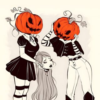 two girls dressed up as witches with pumpkins Pinup Halloween Pumpkin Head Reference, Female Pumpkin Head, Pumpkin Oc Drawing, old lace