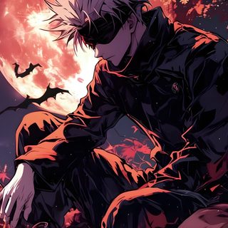 an anime character sitting in front of a full moon with his hands on his knees Jujustu Kaisen Halloween 4k dark slate gray