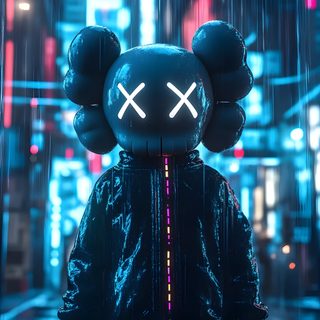 a teddy bear standing in the rain wearing a black jacket and neon lights behind it Halloween Kaws Kaws Photo, Kaws Art, Kaws Pictures, Kaws, Cool Kaws, Kaws Iphone Hd, dark slate gray